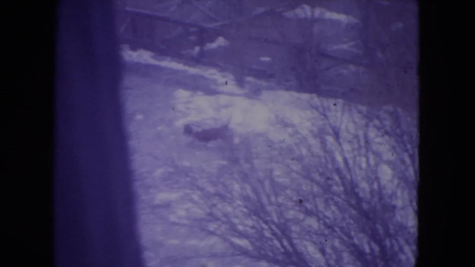 1972 Racine home-movie view of a snowy yard through glass, with shrubs and a small dark dog-like form near the snow.