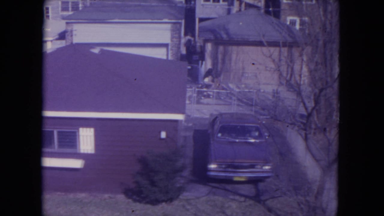 Parked sedan beside a house and garage, with bare trees and residential buildings in view.