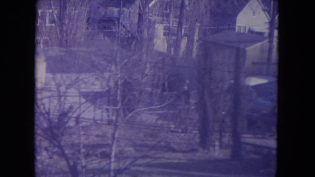 Purple-shifted 8mm frame of a leafless residential yard in Racine, Wisconsin, with houses, trees, and a parked car visible.