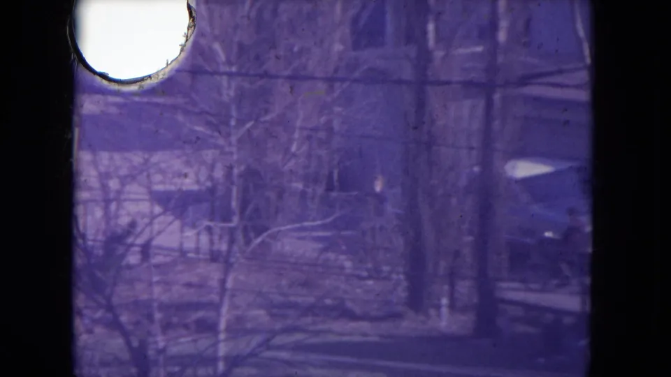 Purple-shifted Racine home-movie frame with leafless trees, a yard, a house beyond, and a bright edge artifact from the film scan.