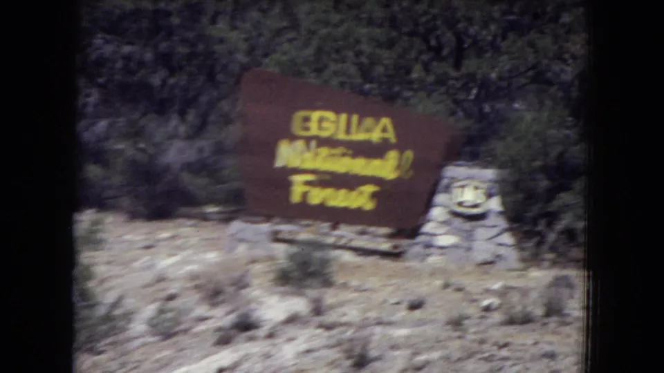 Brown Gila National Forest sign with yellow lettering beside trees and stonework in New Mexico 8mm footage.