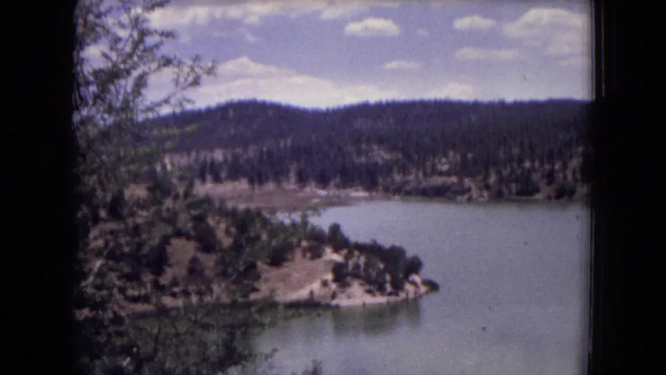 Gila National Forest lake panorama with a tree-covered peninsula, pine hills, bright sky, and branches near the lens on 8mm film.