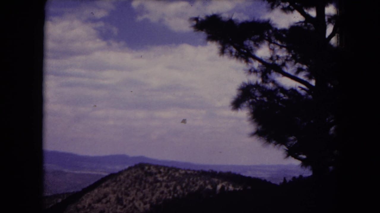 Distant mountain ridges beneath a cloudy sky, partly framed by dark pine silhouettes.