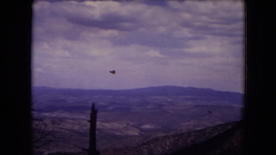 8mm archival view of New Mexico mountain ridges and cloudy sky, with a dark foreground branch or post near the lower left.