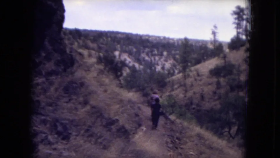 A lone hiker descends a rugged hillside path, framed by dry canyon slopes, scattered pines, and a distant ridgeline.
