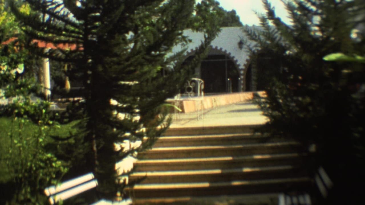 1973 Mexico City 8mm frame with trees, garden plants, broad exterior steps, and an arched building entrance.