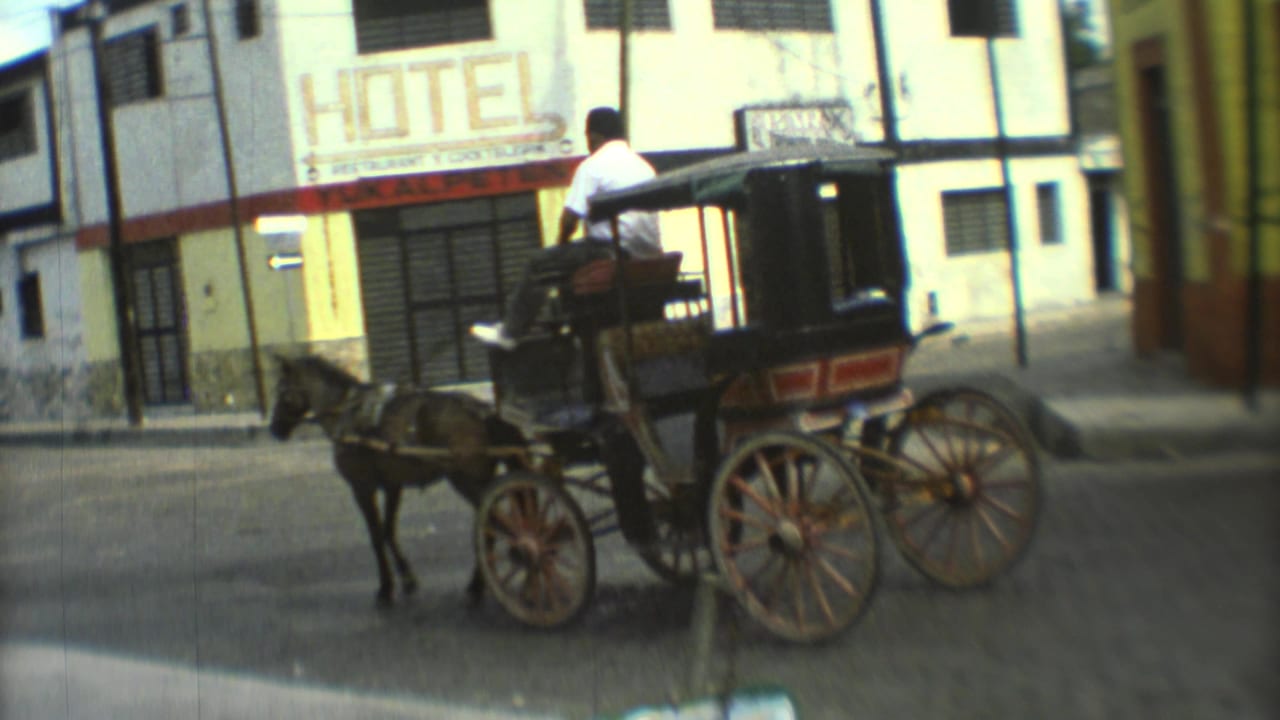 1973 Mexico City street scene with a horse-drawn carriage and driver passing storefronts and a large hotel sign.