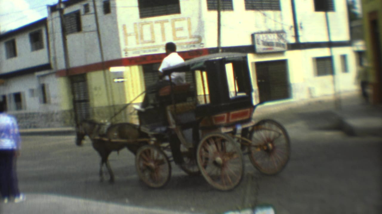 A horse-drawn carriage with a driver in a white shirt moves along a Mexico City street in 1973, with hotel signage behind it.