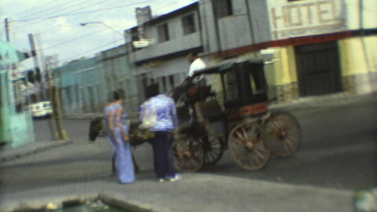 Pedestrians stand near a horse-drawn carriage at a street corner.