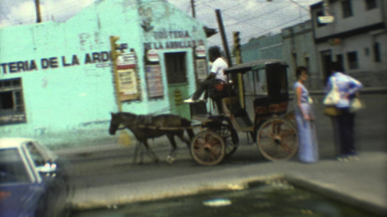 A horse-drawn carriage and pedestrians appear beside a turquoise storefront on a 1973 Mexico City street, with a car partly visible in the foreground.