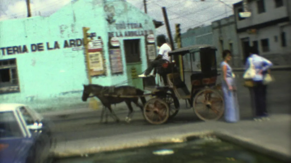 A horse-drawn carriage and pedestrians appear beside a turquoise storefront on a 1973 Mexico City street, with a car partly visible in the foreground.