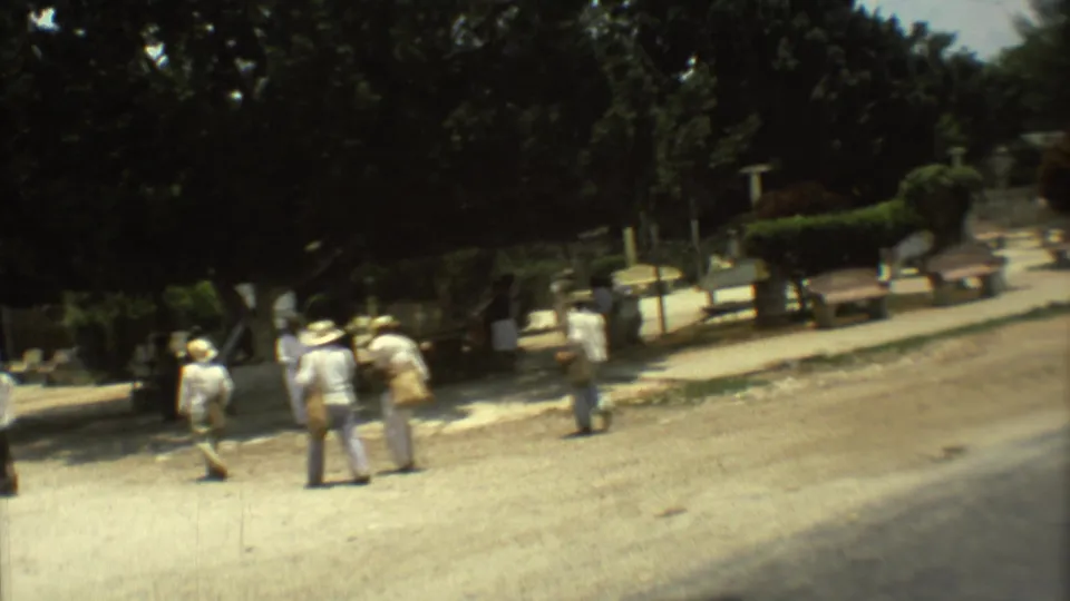 Late-frame 8mm view of pedestrians on a Mexico City road with heavy tree shade, parked cars, and roadside structures.