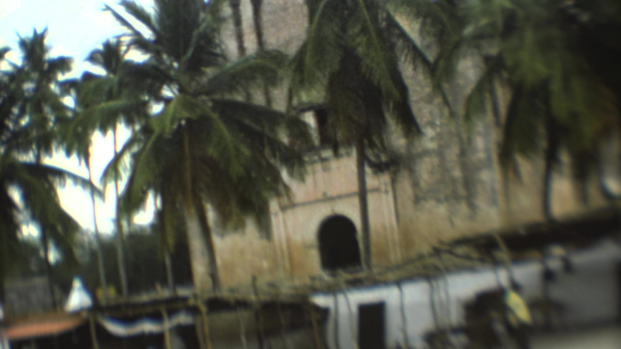 1973 Mexico City frame showing palms and a tall pale building facade with dark arched openings, seen in soft handheld focus.