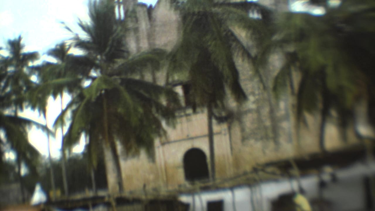 Palm trees partially obscure a weathered stone building with an arched doorway.