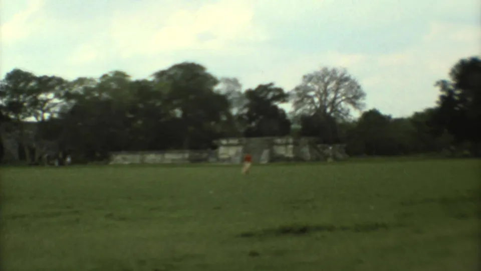 1973 Mexico City home-movie frame with a red-shirted walker crossing a lawn near distant ruins and trees.