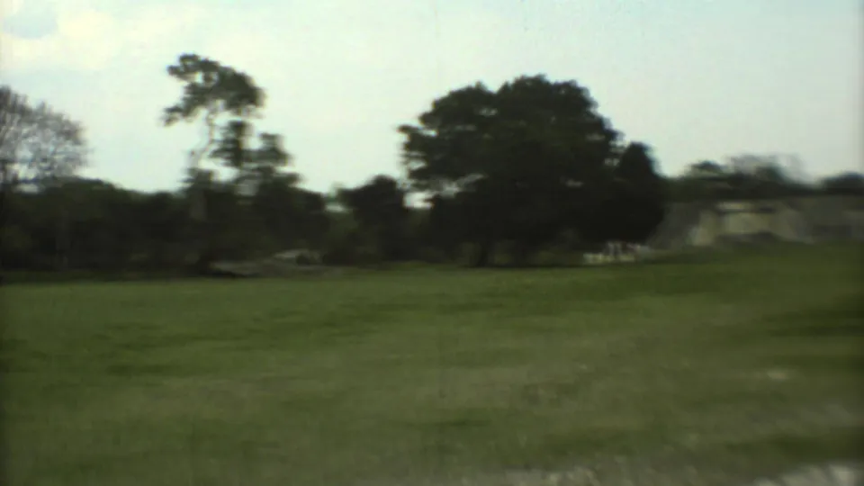 1973 Mexico City 8mm frame showing grass, dense trees, and a distant wall-like structure through soft exposure and blur.