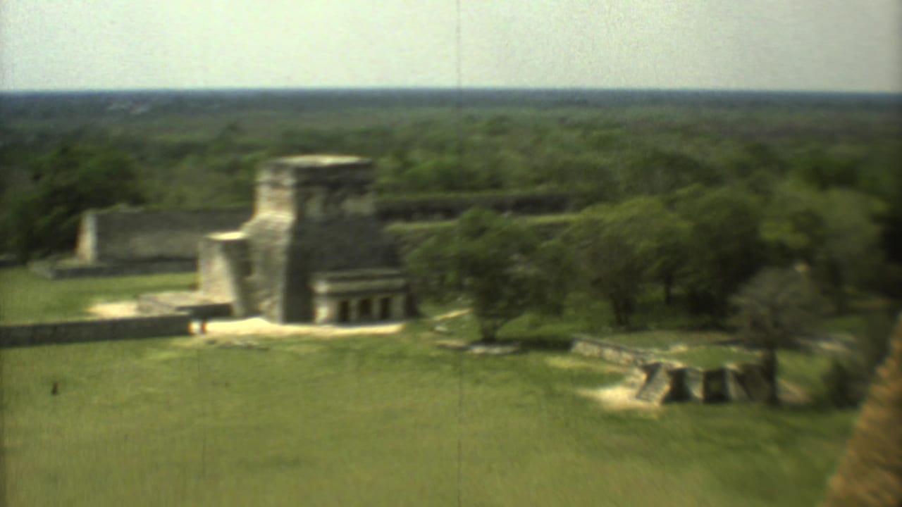 Elevated view of a stone temple complex beyond grass and trees.