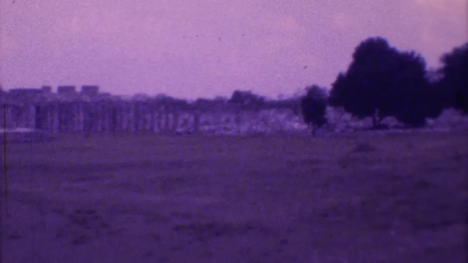 Wide 1973 8mm view of Mexican ruins, showing a low stone wall or colonnade across open ground with trees to the side.