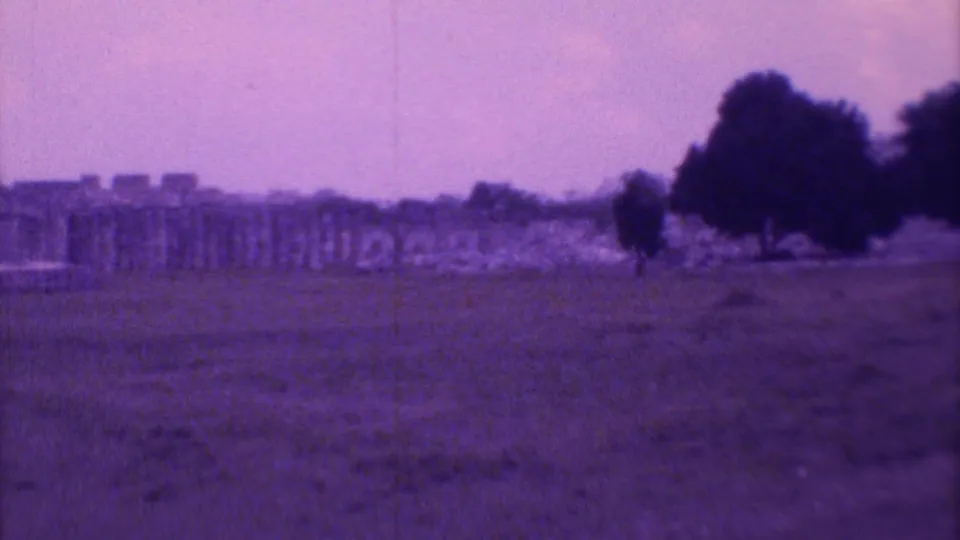 Handheld 1973 8mm frame of a Mexican archaeological courtyard with a long stone ruin and clustered trees beyond the open ground.