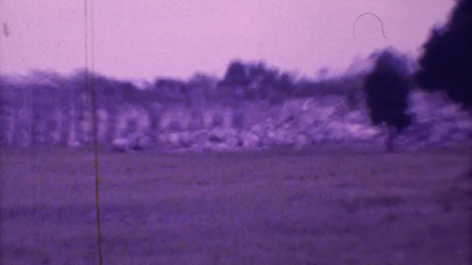 Soft 1973 8mm frame showing scattered stone remains and trees across an open Mexican ruin site with visible film wear.