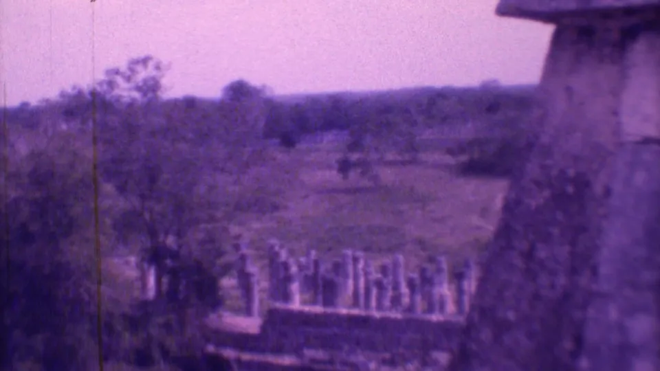 1973 Mexico City 8mm frame looking across an overgrown cemetery, with pale grave markers and trees softened by aged film exposure.