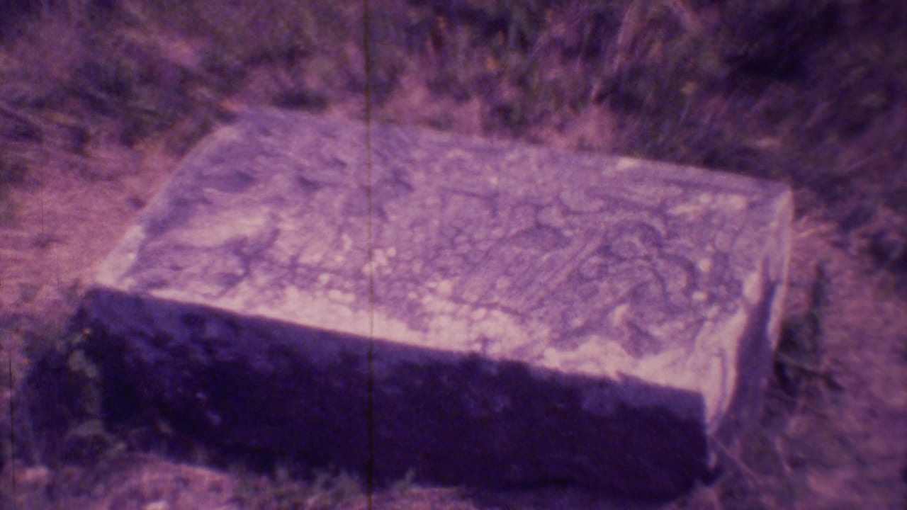 Weathered carved stone slab lying outdoors among grass and brush.