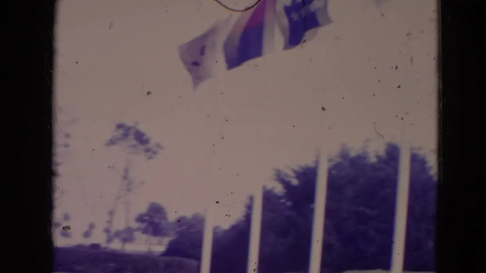 1974 Orlando frame showing flags and flagpoles above a bright lawn area with hedges, trees, and distant visitors.