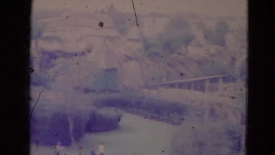 1974 Orlando home-movie frame showing a pond or water edge below soft greenery, with palms and a low bridge or rail beyond.