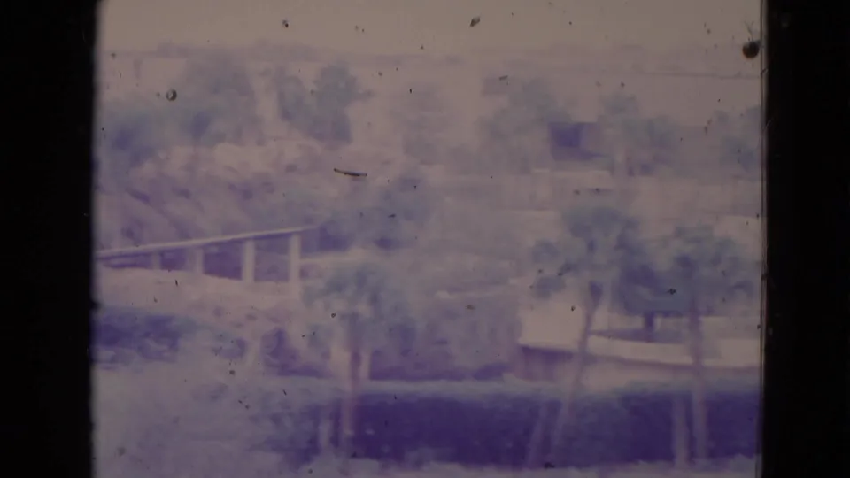 1974 Orlando frame with pond-side greenery, trees, a low bridge or rail, and a small structure seen through faded 8mm color.