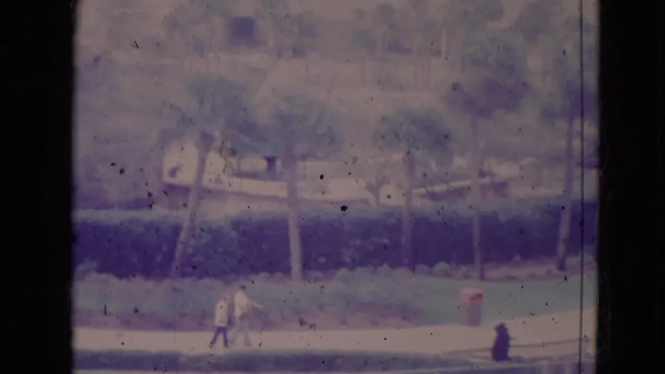 1974 Orlando home-movie frame with distant pedestrians along a path bordered by hedges and palm trees.