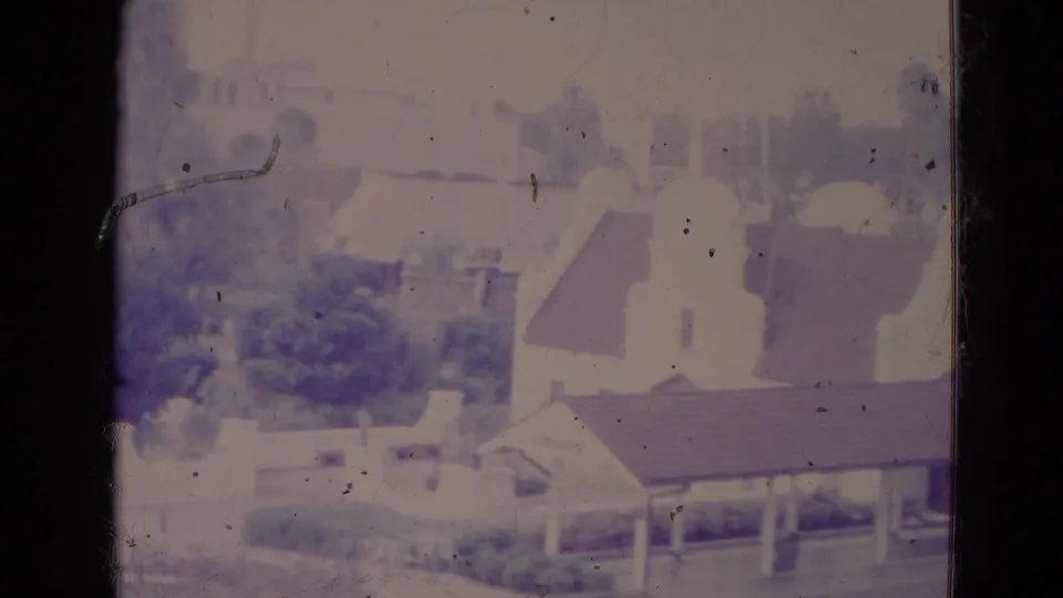 1974 Orlando neighborhood view with pale houses, rooflines, palm trees, and washed-out sun exposure.