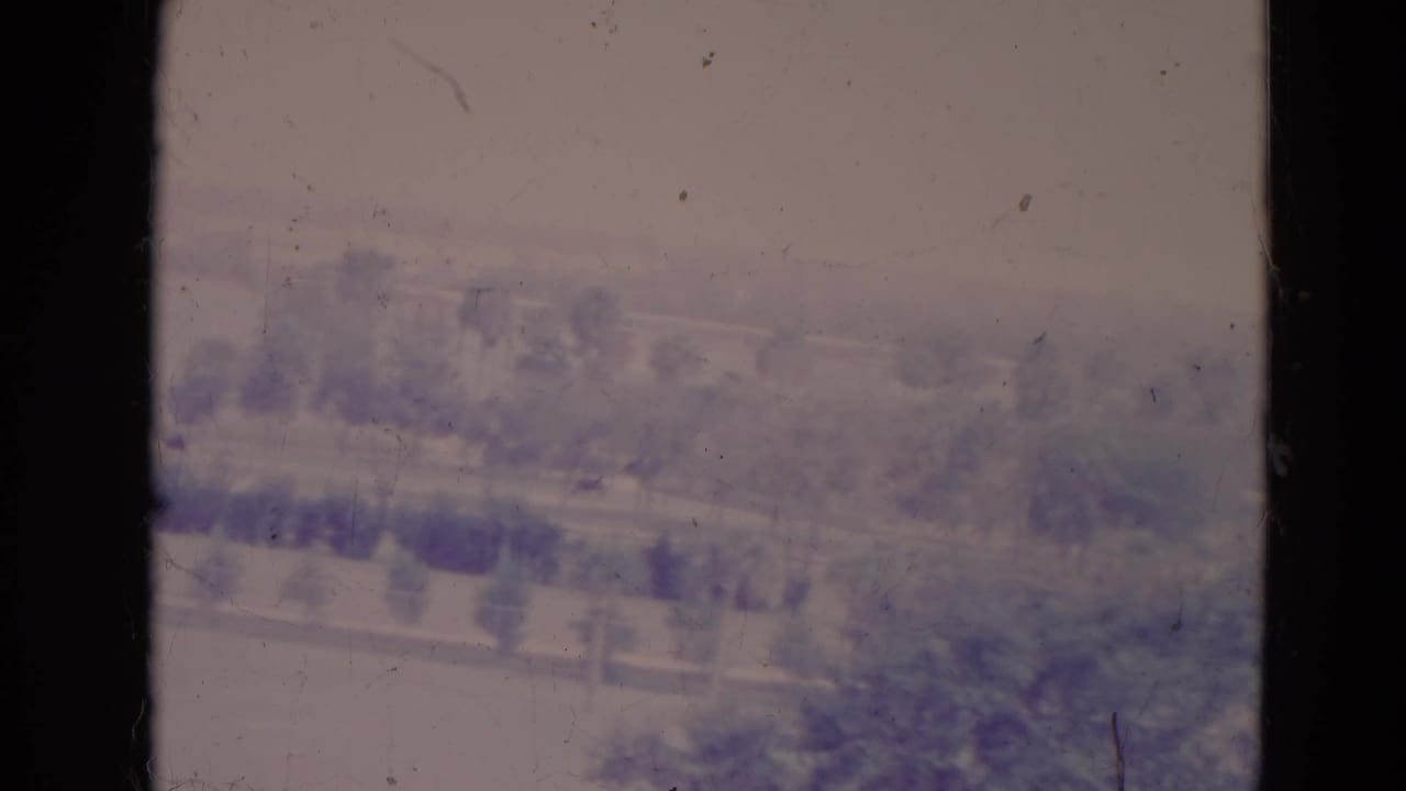 1974 Orlando river scene with distant trees, a low bank, and soft purple-pink fading across the 8mm image.