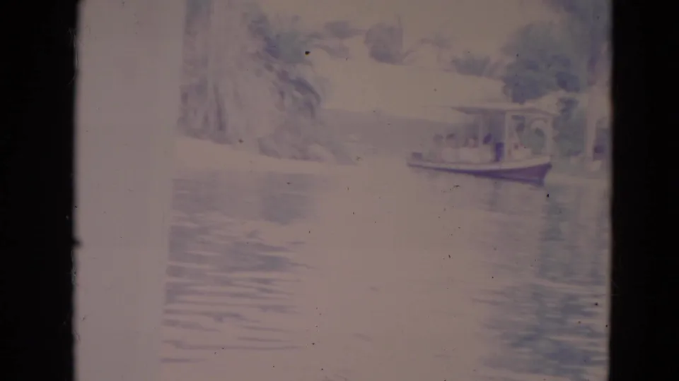 1974 Orlando river scene with a small passenger boat carrying visible people near palm fronds and a shaded bank.