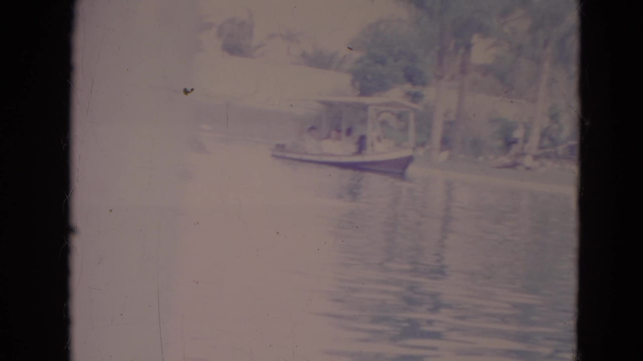 Covered boat on a pond with trees and shoreline foliage in the background.