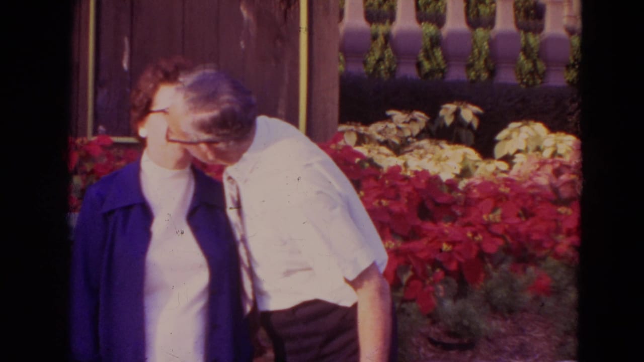 Man leans toward woman as they stand by red flowers.