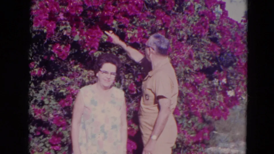 In the home-movie garden scene, the man reaches up toward the purple flowering shrub as the woman stands beside him.
