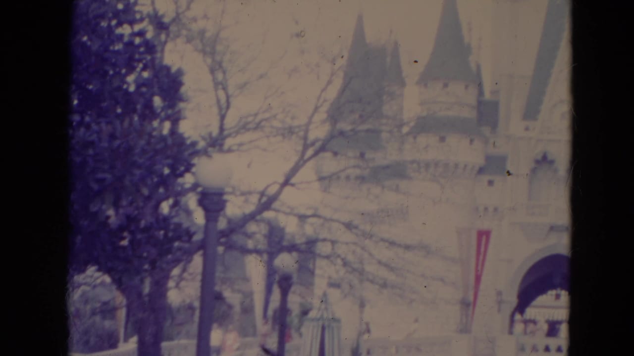 1974 Orlando home-movie frame showing Cinderella Castle partially obscured by bare branches, a globe lamppost, and soft 8mm exposure.