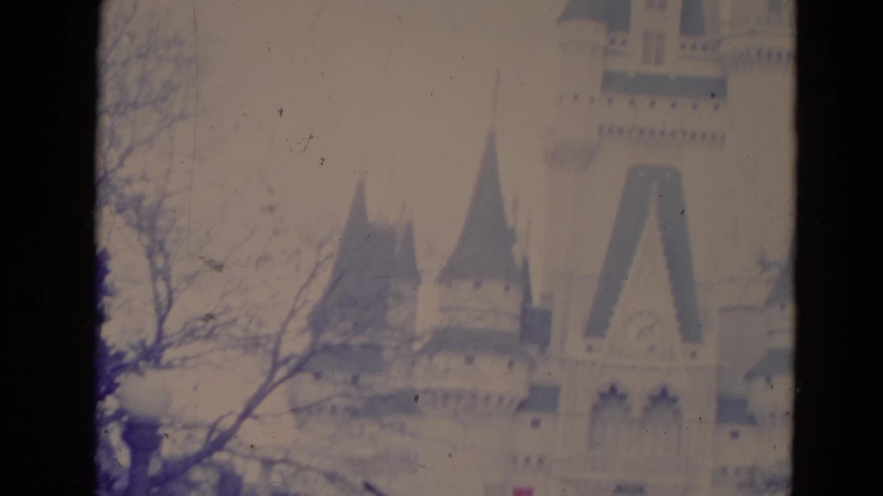 1974 Orlando frame with Cinderella Castle towers, dark spires, bare branches, and an arched entrance softened by exposure bloom.