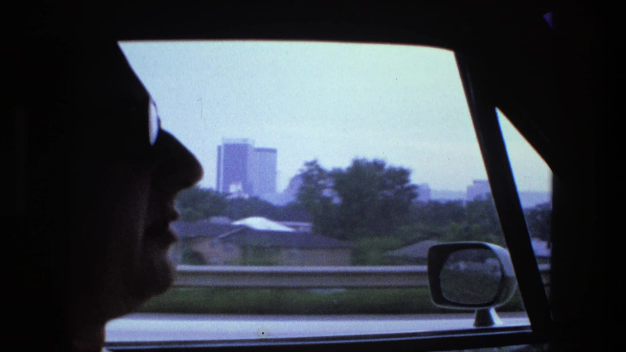 Man in sunglasses seen in profile inside a moving car with a hazy skyline beyond the window.