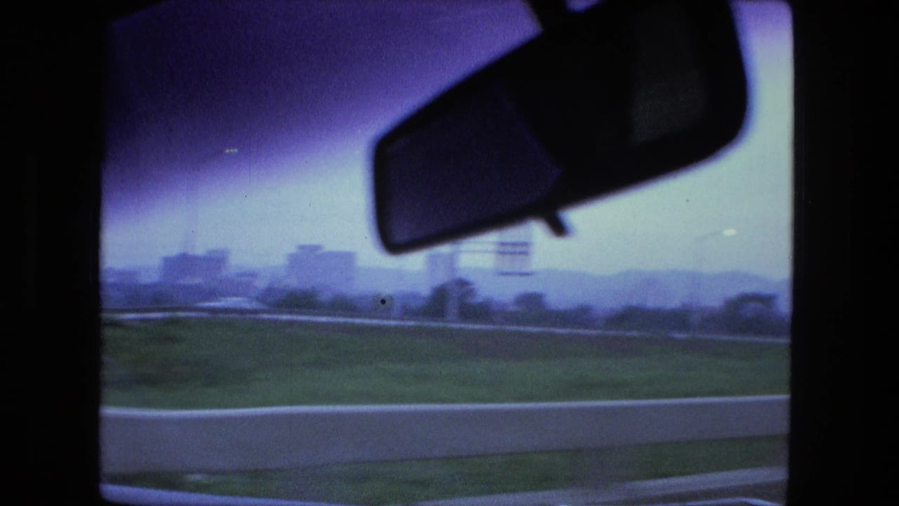From inside the moving vehicle, a rearview mirror and tinted windshield area frame a grassy roadside and blurred distant buildings in Fort Wayne, Indiana.