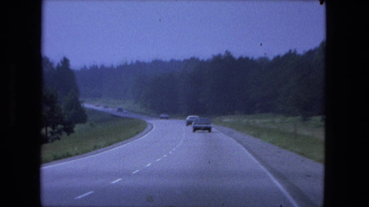 Curving divided highway through trees with several cars ahead under an overcast sky.