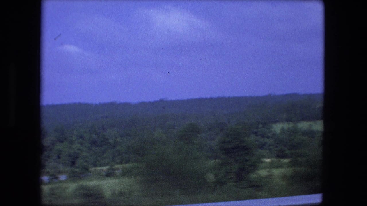 Wooded hillside and green countryside seen through a dark 8mm frame border.