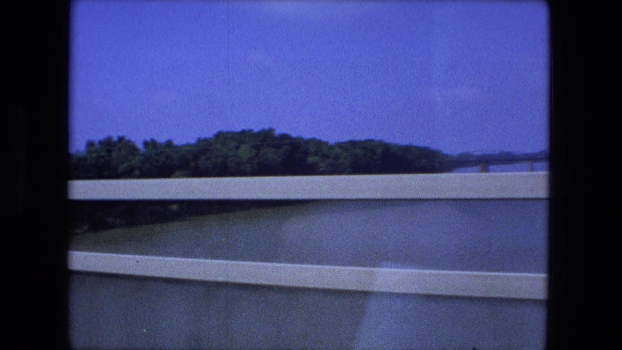 View from a moving vehicle across bridge railings toward a river and wooded shoreline.