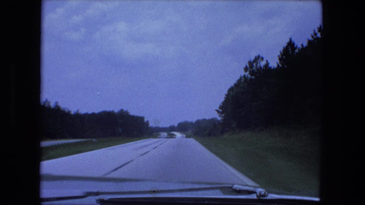 Forward view over a car hood on a quiet divided highway bordered by trees and grass.