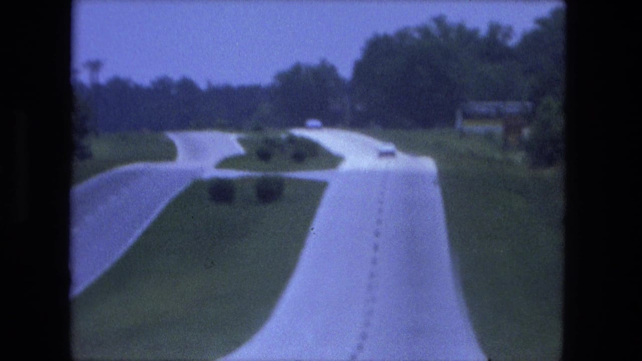 Curving divided road seen from a moving vehicle with grass medians and trees ahead.