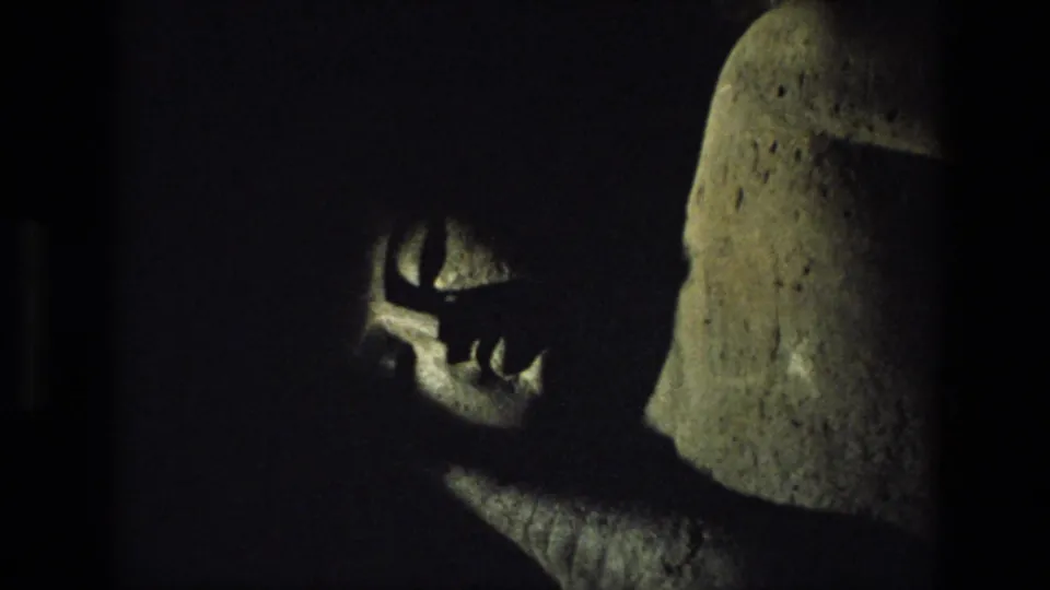 1974 India 8mm frame inside a dim temple space, showing a pale stone form beside a shadowed carved element.
