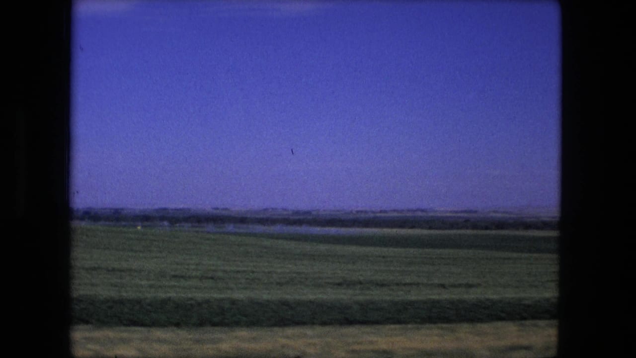 Fort Wayne, Indiana area landscape in 1976, showing open green farmland, a distant tree line, and clear blue sky from a moving vehicle.