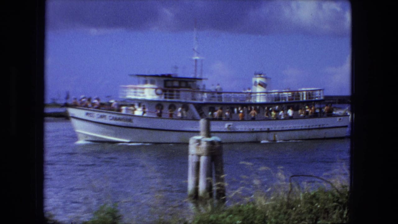 White passenger ferry filled with people passing wooden pilings on a cloudy waterway.
