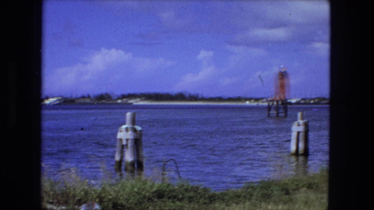 Waterfront with grassy bank, wooden pilings, red marker, distant shoreline, and blue sky.