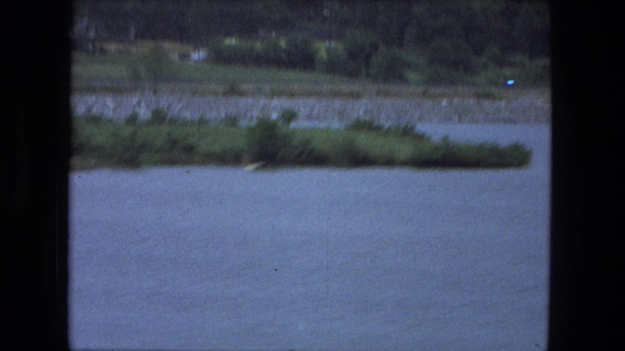 Water beside a road with grass, trees, and distant roadside structures.